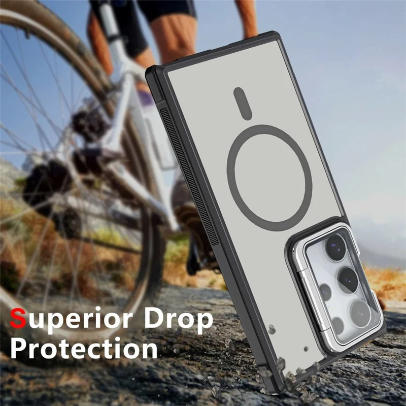 For Samsung Galaxy S23 Ultra Compatible with MagSafe Lens Cover Kickstand Matte Back Cover - Black