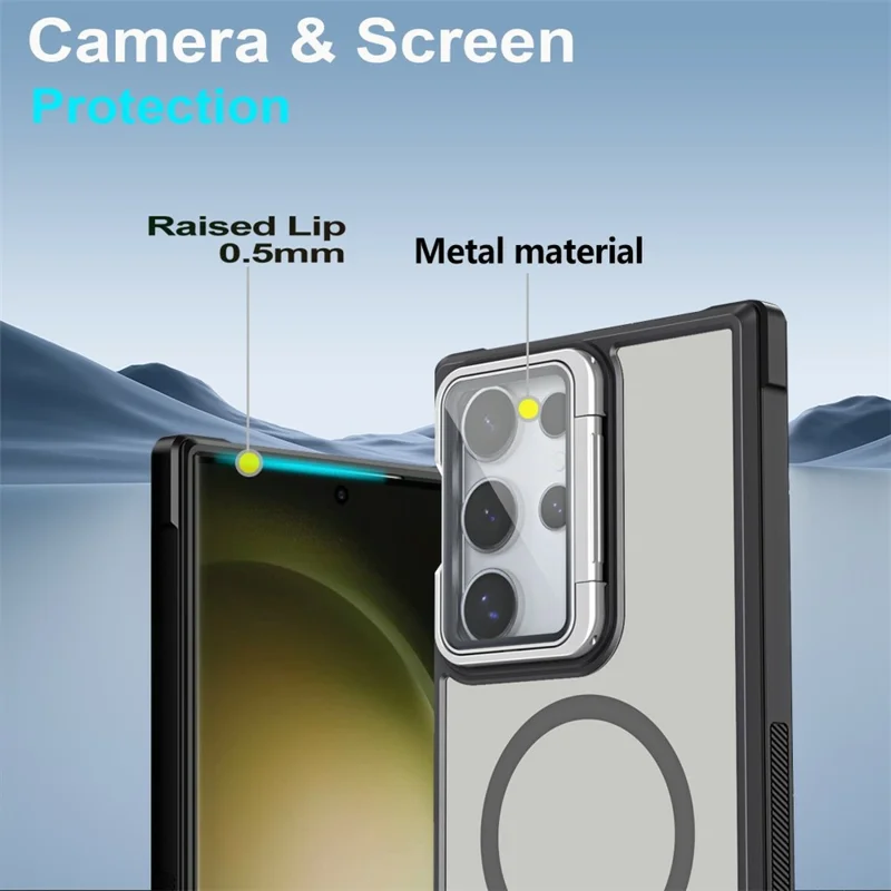 For Samsung Galaxy S23 Ultra Compatible with MagSafe Lens Cover Kickstand Matte Back Cover - Black
