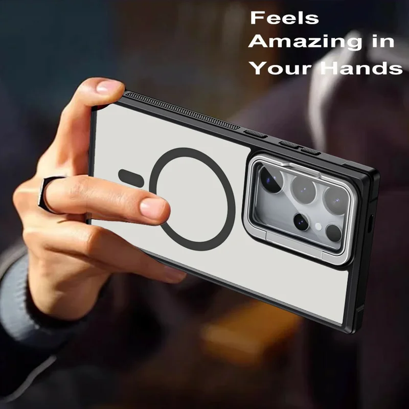 For Samsung Galaxy S23 Ultra Compatible with MagSafe Lens Cover Kickstand Matte Back Cover - Black