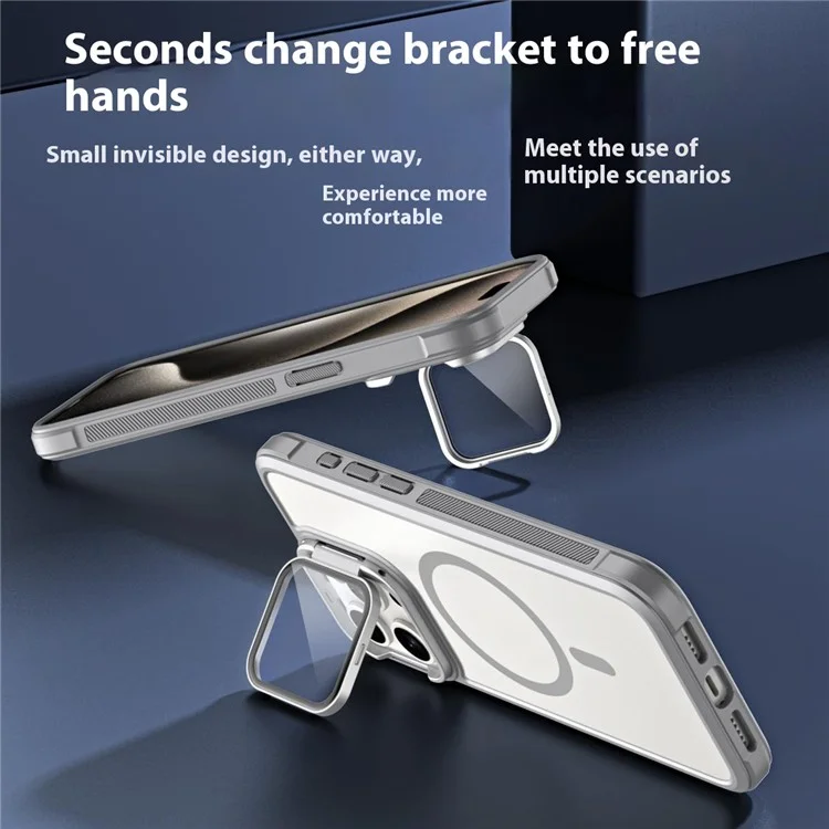 For iPhone 15 Pro Compatible with MagSafe Lens Cover Kickstand Matte Back Cover - Grey