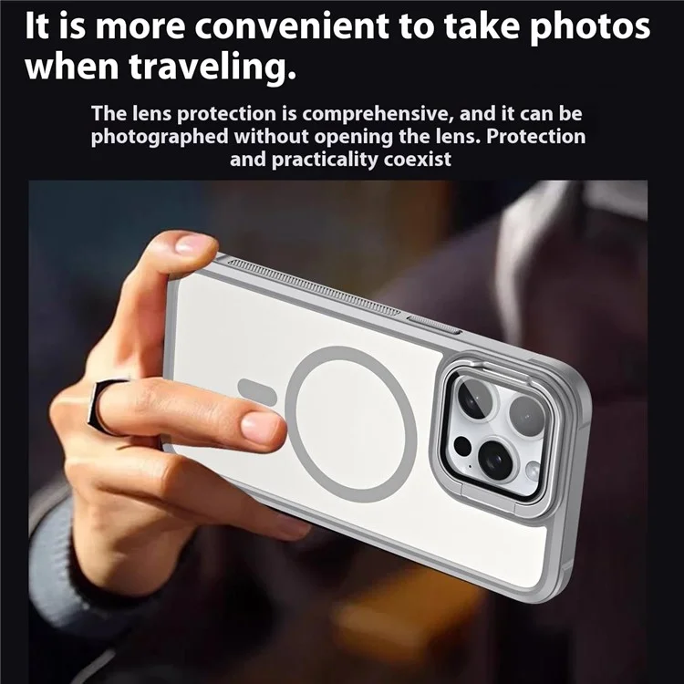 For iPhone 15 Pro Compatible with MagSafe Lens Cover Kickstand Matte Back Cover - Grey