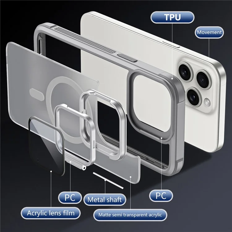 For iPhone 15 Pro Compatible with MagSafe Lens Cover Kickstand Matte Back Cover - Grey