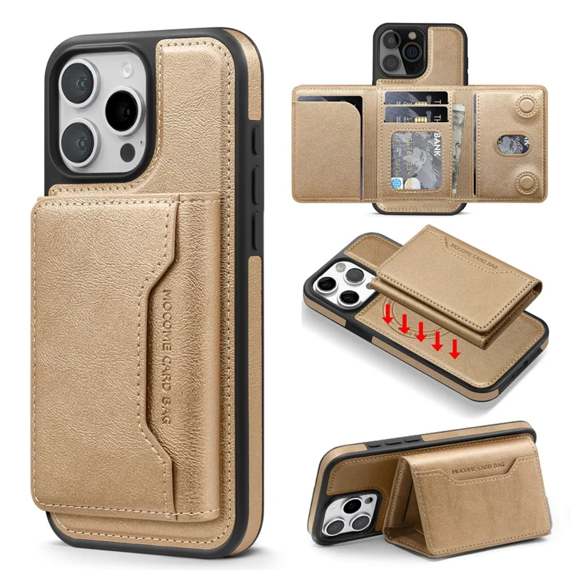 For iPhone 16 Pro Max Magnetic Case Leather Back Phone Cover with Detachable Card Bag - Gold