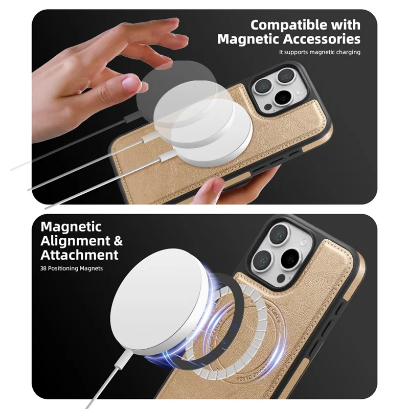 For iPhone 16 Pro Max Magnetic Case Leather Back Phone Cover with Detachable Card Bag - Gold