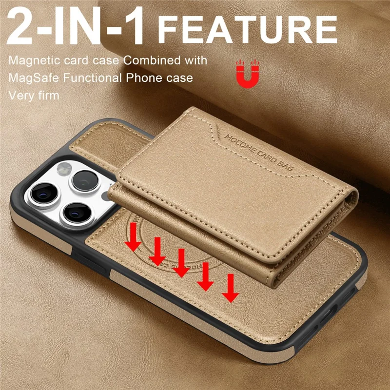 For iPhone 16 Pro Max Magnetic Case Leather Back Phone Cover with Detachable Card Bag - Gold