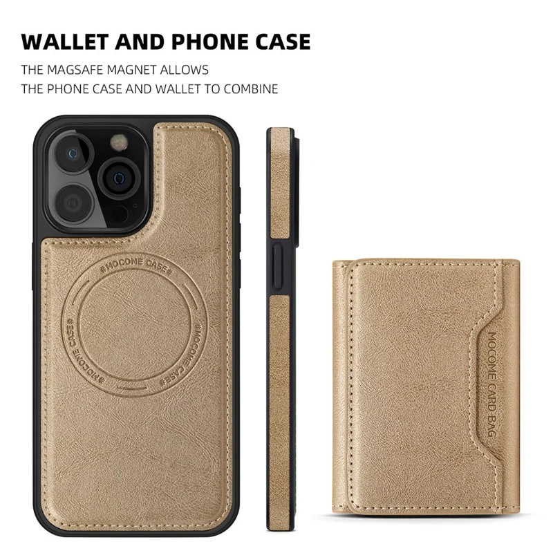 For iPhone 16 Pro Max Magnetic Case Leather Back Phone Cover with Detachable Card Bag - Gold