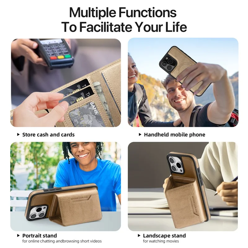 For iPhone 16 Pro Max Magnetic Case Leather Back Phone Cover with Detachable Card Bag - Gold