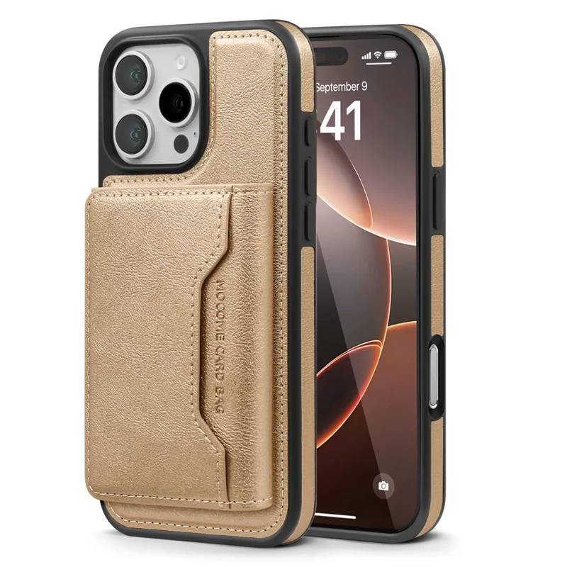 For iPhone 16 Pro Max Magnetic Case Leather Back Phone Cover with Detachable Card Bag - Gold