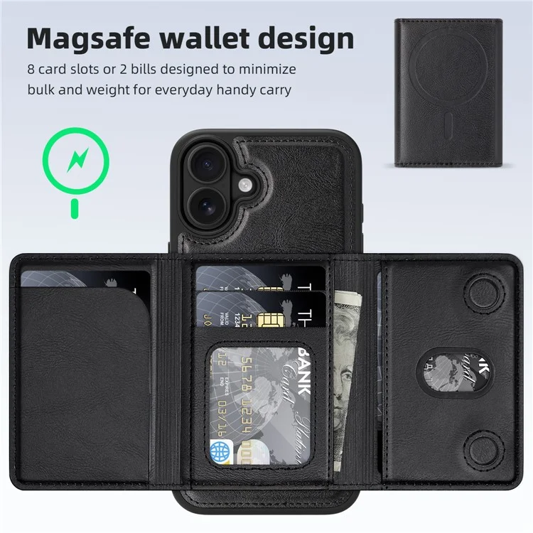 For iPhone 16 Plus Magnetic Case Leather Back Phone Cover with Detachable Card Bag - Black