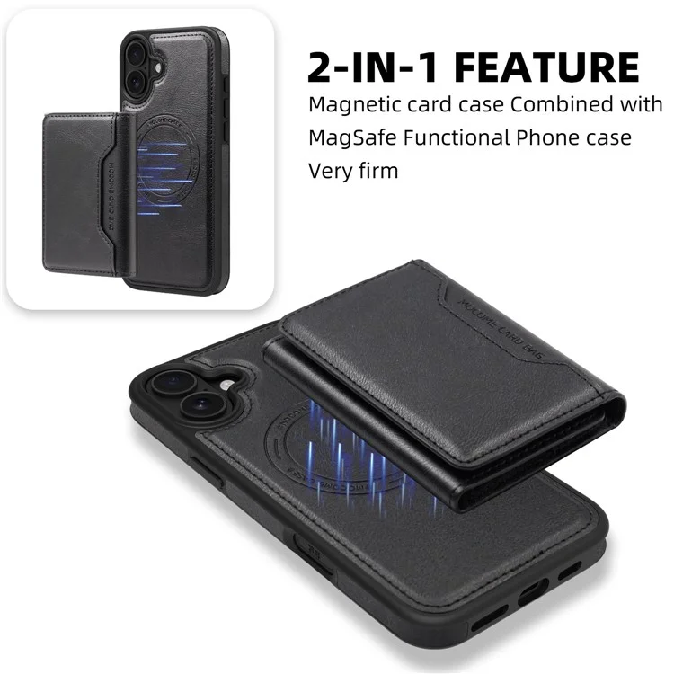 For iPhone 16 Plus Magnetic Case Leather Back Phone Cover with Detachable Card Bag - Black
