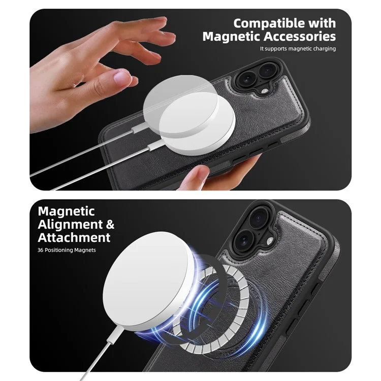 For iPhone 16 Plus Magnetic Case Leather Back Phone Cover with Detachable Card Bag - Black