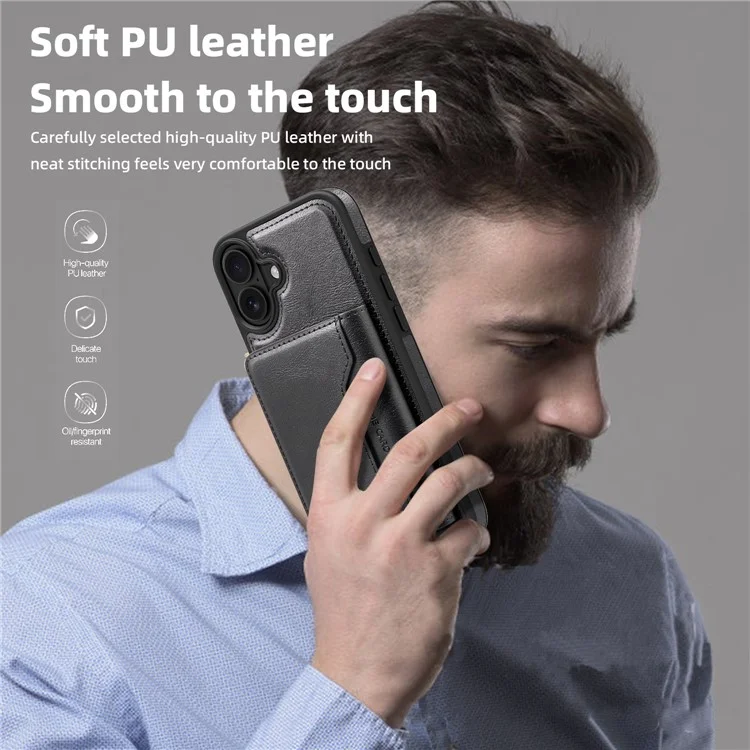 For iPhone 16 Plus Magnetic Case Leather Back Phone Cover with Detachable Card Bag - Black