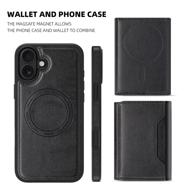 For iPhone 16 Plus Magnetic Case Leather Back Phone Cover with Detachable Card Bag - Black