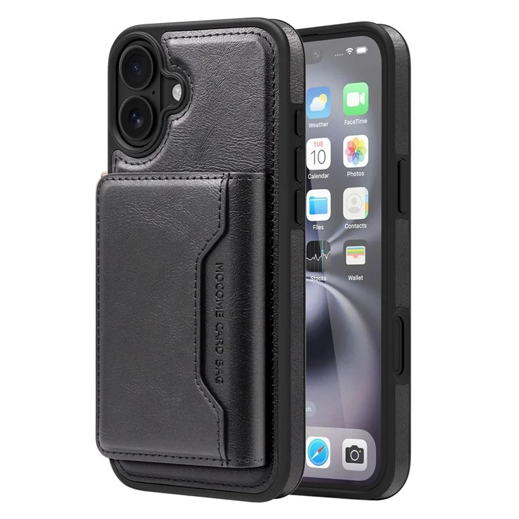 For iPhone 16 Plus Magnetic Case Leather Back Phone Cover with Detachable Card Bag - Black