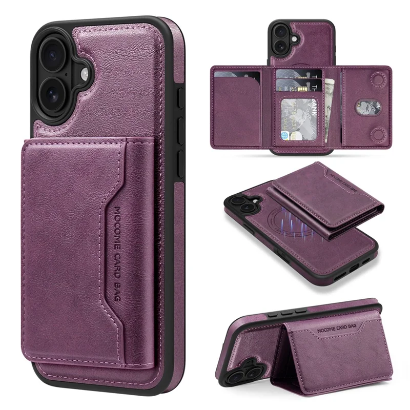 For iPhone 16 Plus Magnetic Case Leather Back Phone Cover with Detachable Card Bag - Dark Purple