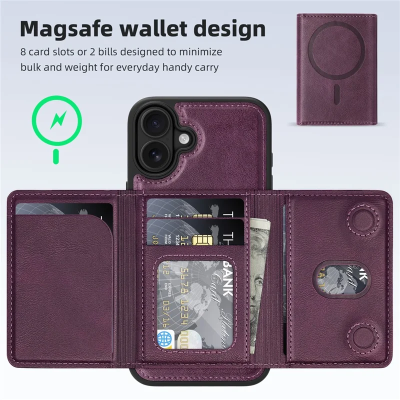 For iPhone 16 Plus Magnetic Case Leather Back Phone Cover with Detachable Card Bag - Dark Purple