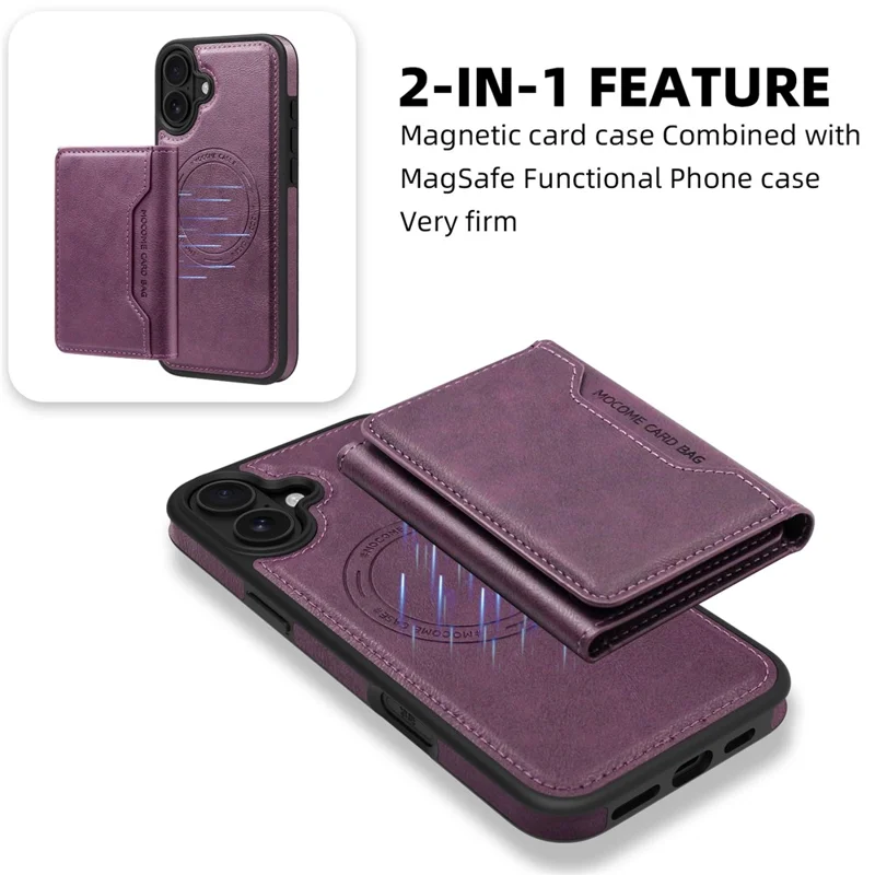 For iPhone 16 Plus Magnetic Case Leather Back Phone Cover with Detachable Card Bag - Dark Purple