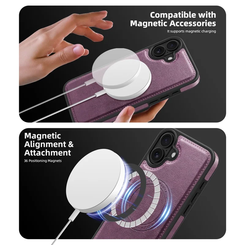 For iPhone 16 Plus Magnetic Case Leather Back Phone Cover with Detachable Card Bag - Dark Purple