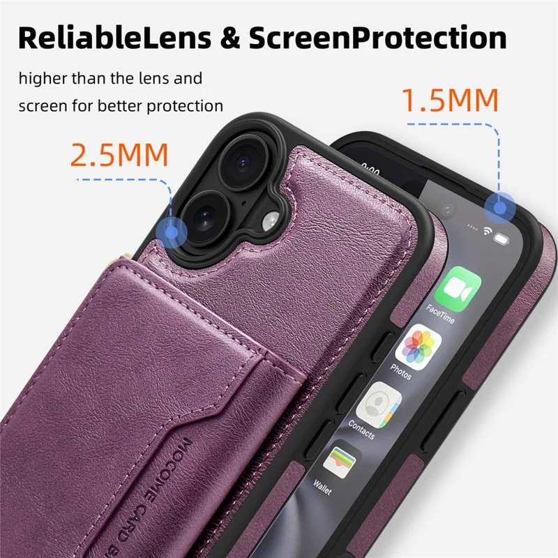 For iPhone 16 Plus Magnetic Case Leather Back Phone Cover with Detachable Card Bag - Dark Purple