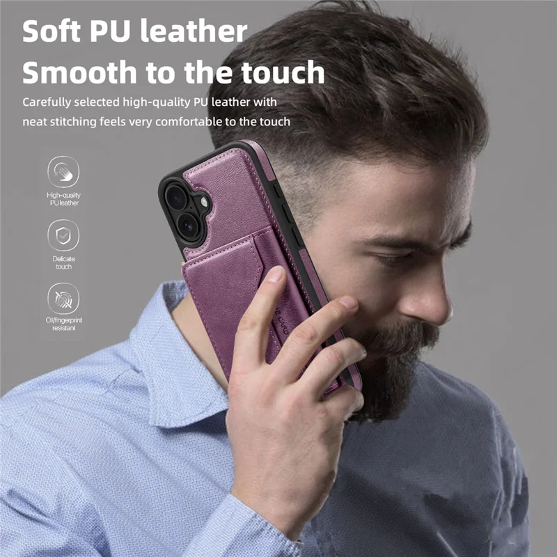 For iPhone 16 Plus Magnetic Case Leather Back Phone Cover with Detachable Card Bag - Dark Purple