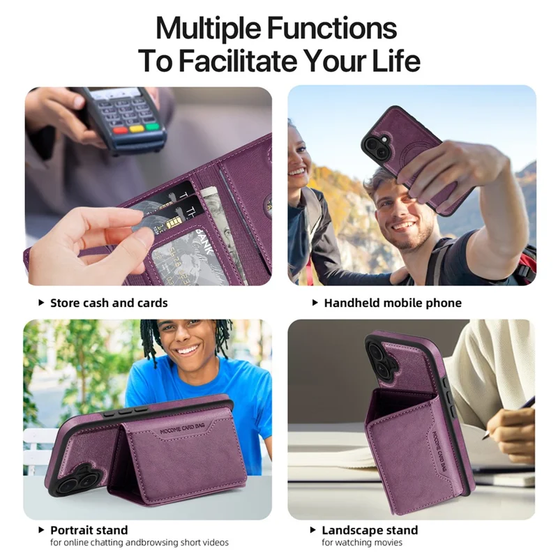 For iPhone 16 Plus Magnetic Case Leather Back Phone Cover with Detachable Card Bag - Dark Purple