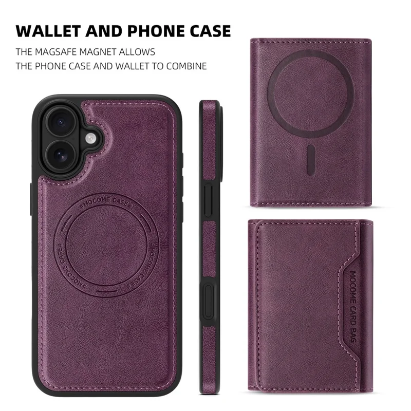For iPhone 16 Plus Magnetic Case Leather Back Phone Cover with Detachable Card Bag - Dark Purple
