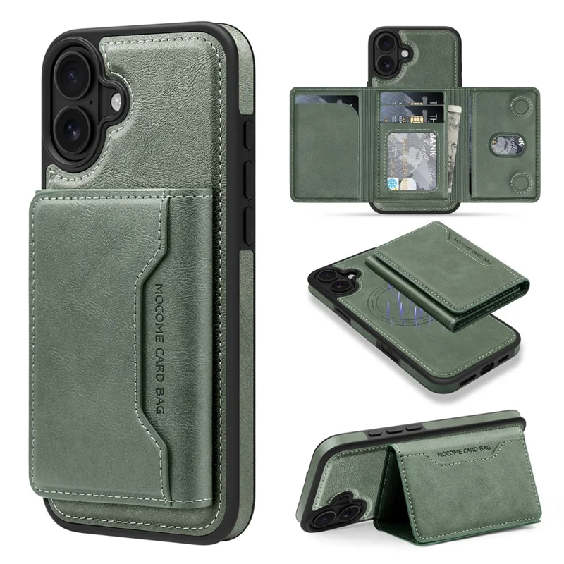 For iPhone 16 Magnetic Case Leather Back Phone Cover with Detachable Card Bag - Blackish Green