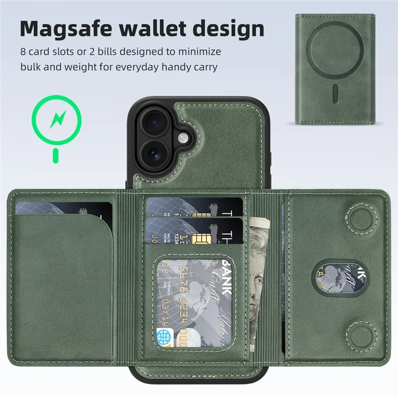 For iPhone 16 Magnetic Case Leather Back Phone Cover with Detachable Card Bag - Blackish Green
