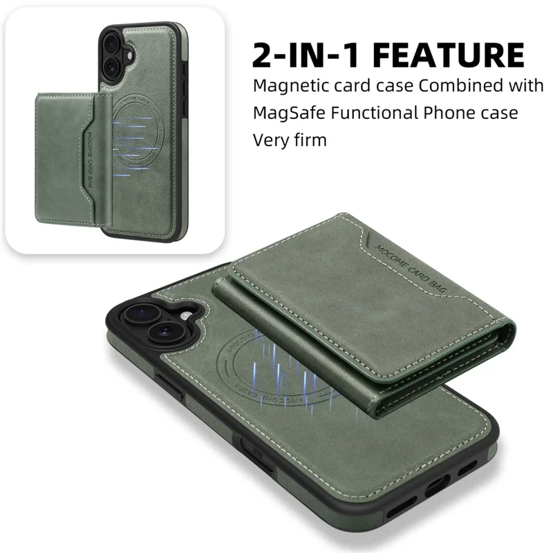 For iPhone 16 Magnetic Case Leather Back Phone Cover with Detachable Card Bag - Blackish Green