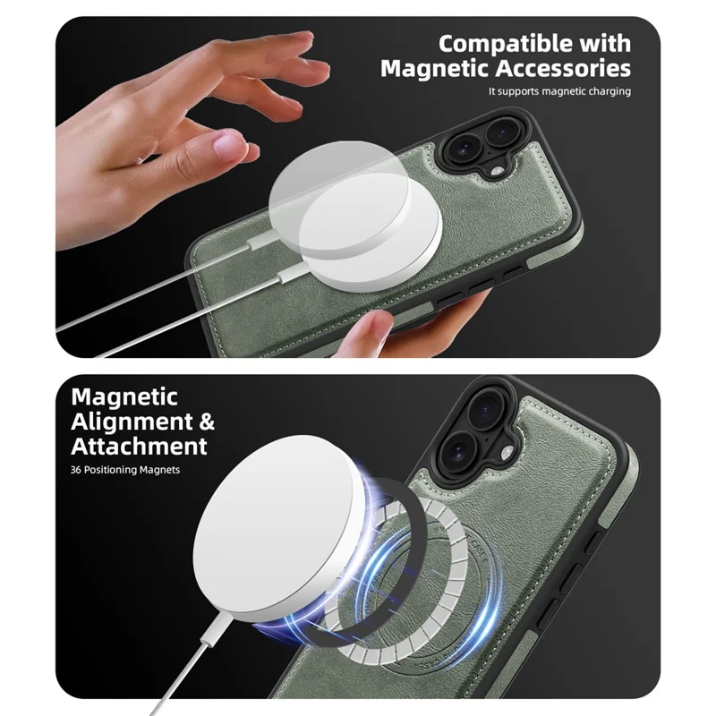 For iPhone 16 Magnetic Case Leather Back Phone Cover with Detachable Card Bag - Blackish Green