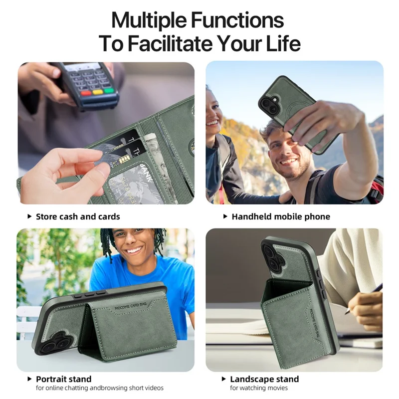 For iPhone 16 Magnetic Case Leather Back Phone Cover with Detachable Card Bag - Blackish Green