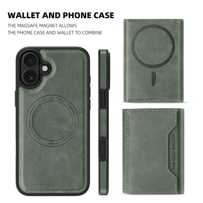 For iPhone 16 Magnetic Case Leather Back Phone Cover with Detachable Card Bag - Blackish Green