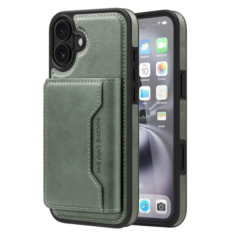 For iPhone 16 Magnetic Case Leather Back Phone Cover with Detachable Card Bag - Blackish Green