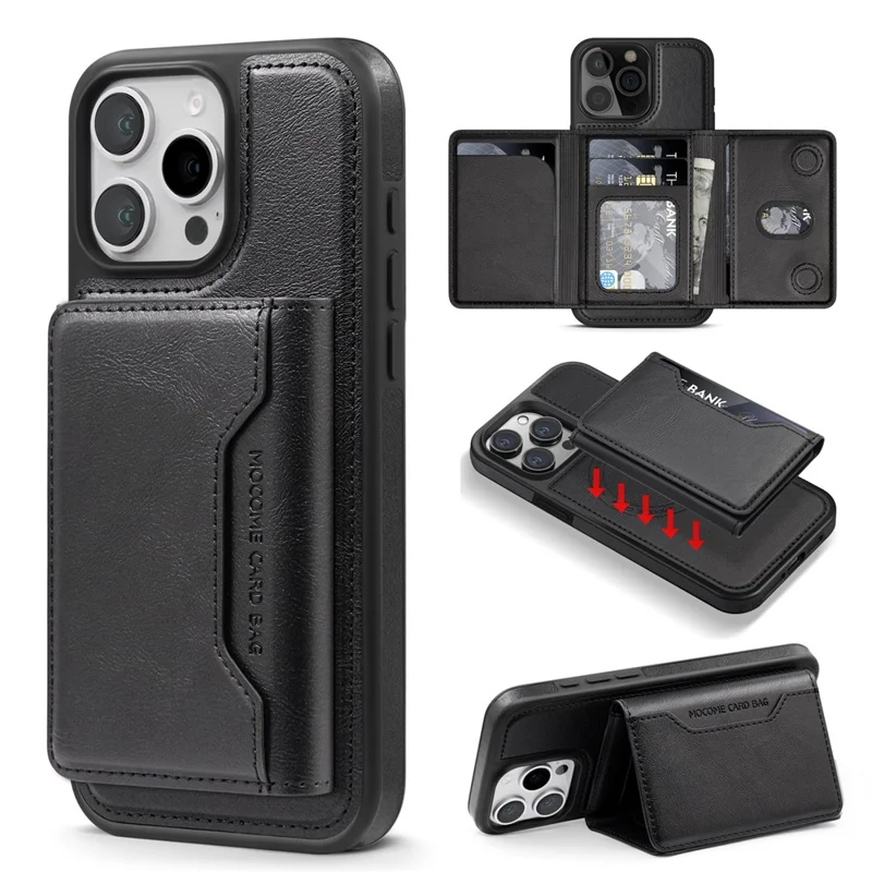 For iPhone 16 Pro Magnetic Case Leather Back Phone Cover with Detachable Card Bag - Black