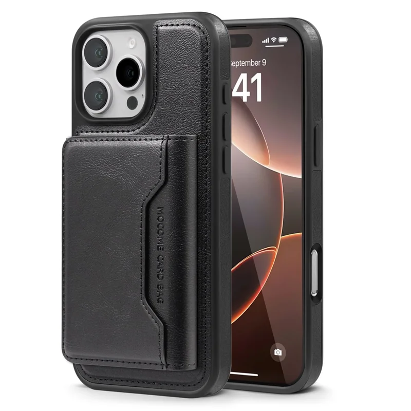 For iPhone 16 Pro Magnetic Case Leather Back Phone Cover with Detachable Card Bag - Black