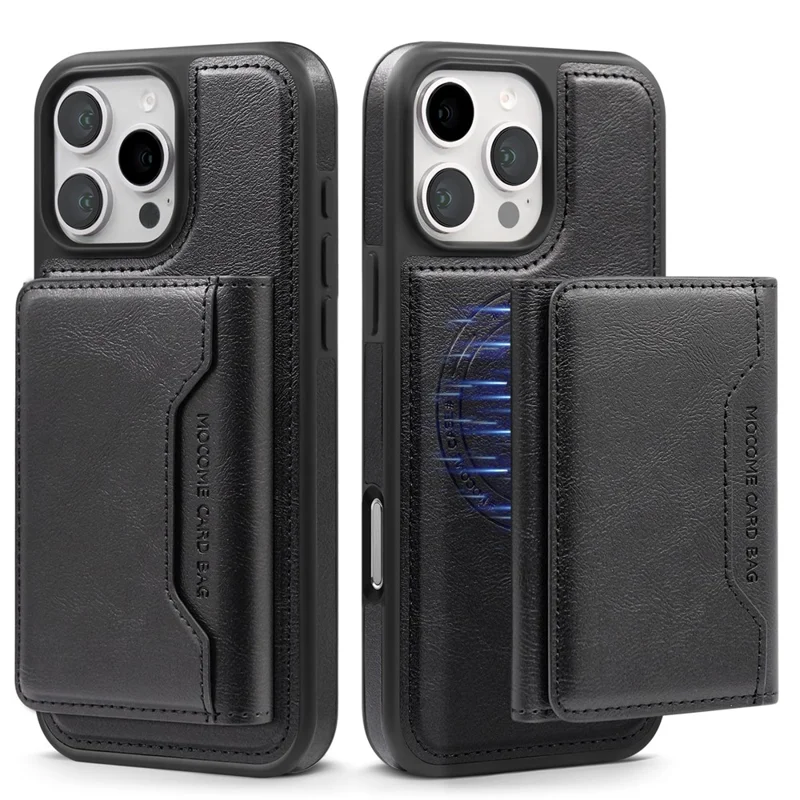 For iPhone 16 Pro Magnetic Case Leather Back Phone Cover with Detachable Card Bag - Black
