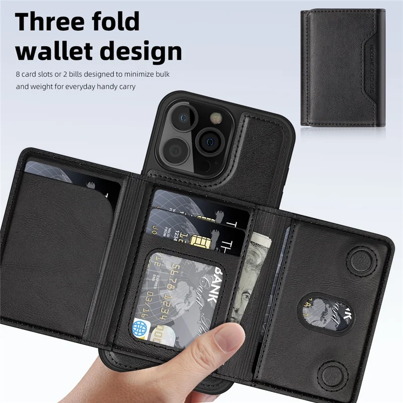 For iPhone 16 Pro Magnetic Case Leather Back Phone Cover with Detachable Card Bag - Black