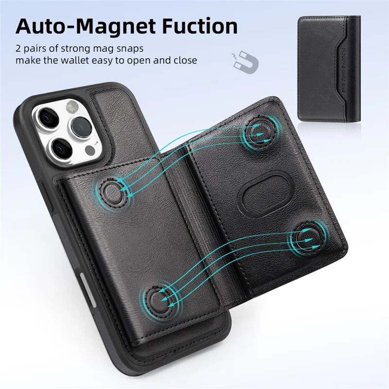 For iPhone 16 Pro Magnetic Case Leather Back Phone Cover with Detachable Card Bag - Black