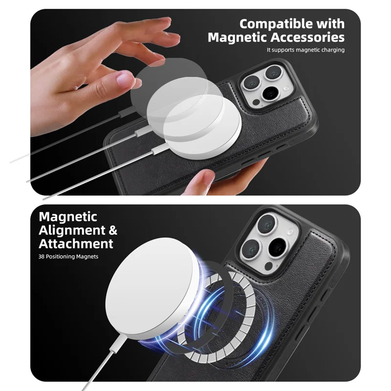 For iPhone 16 Pro Magnetic Case Leather Back Phone Cover with Detachable Card Bag - Black