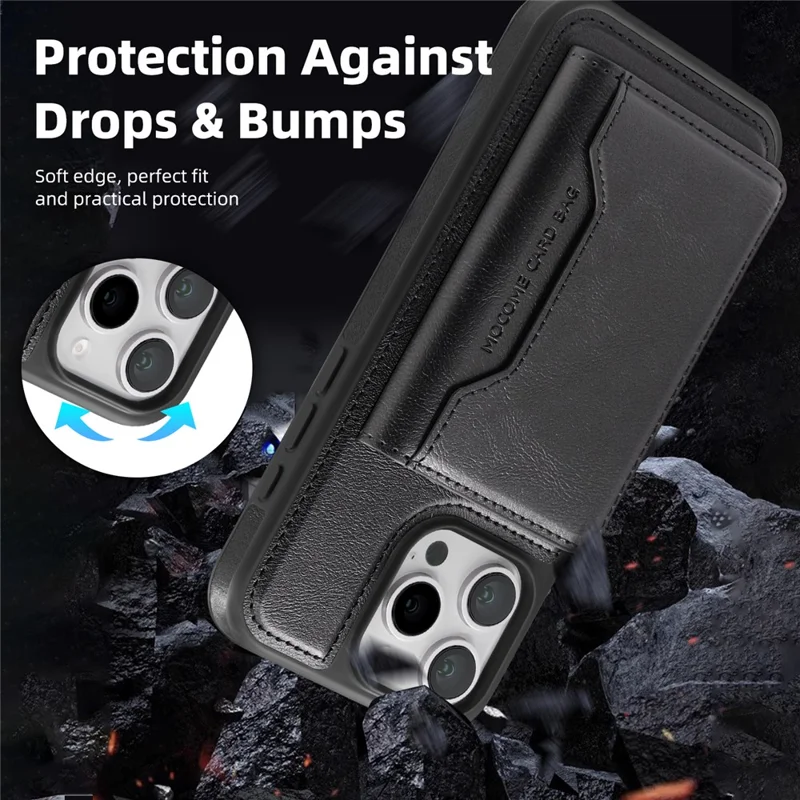 For iPhone 16 Pro Magnetic Case Leather Back Phone Cover with Detachable Card Bag - Black