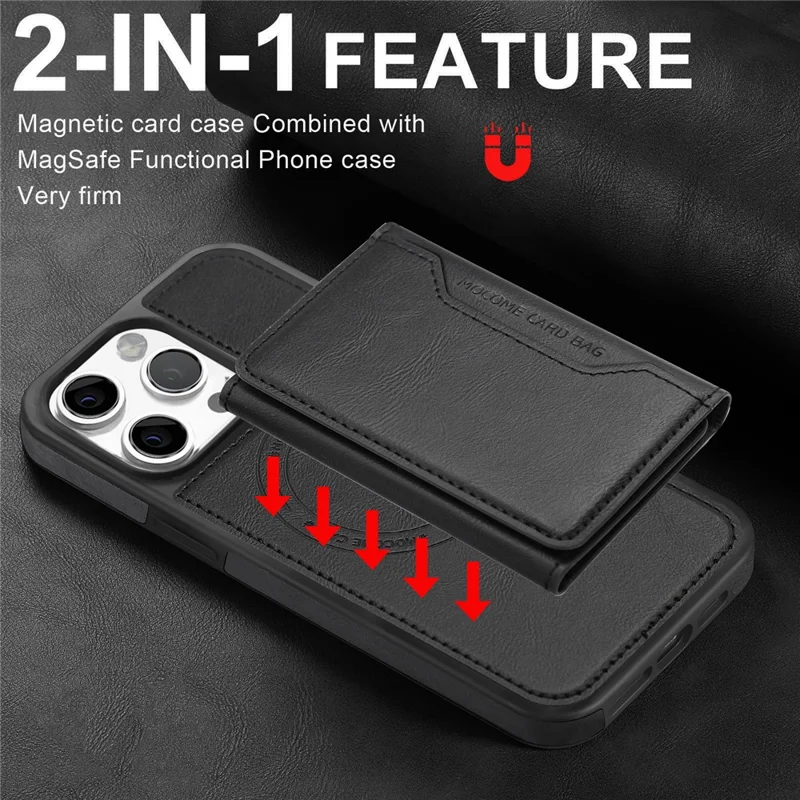 For iPhone 16 Pro Magnetic Case Leather Back Phone Cover with Detachable Card Bag - Black