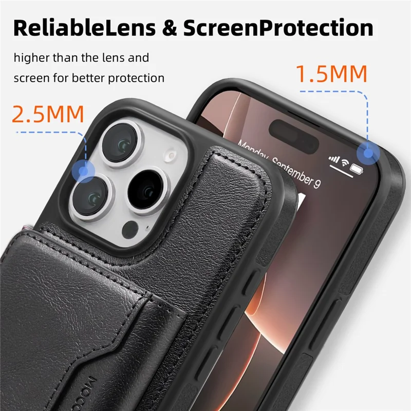 For iPhone 16 Pro Magnetic Case Leather Back Phone Cover with Detachable Card Bag - Black