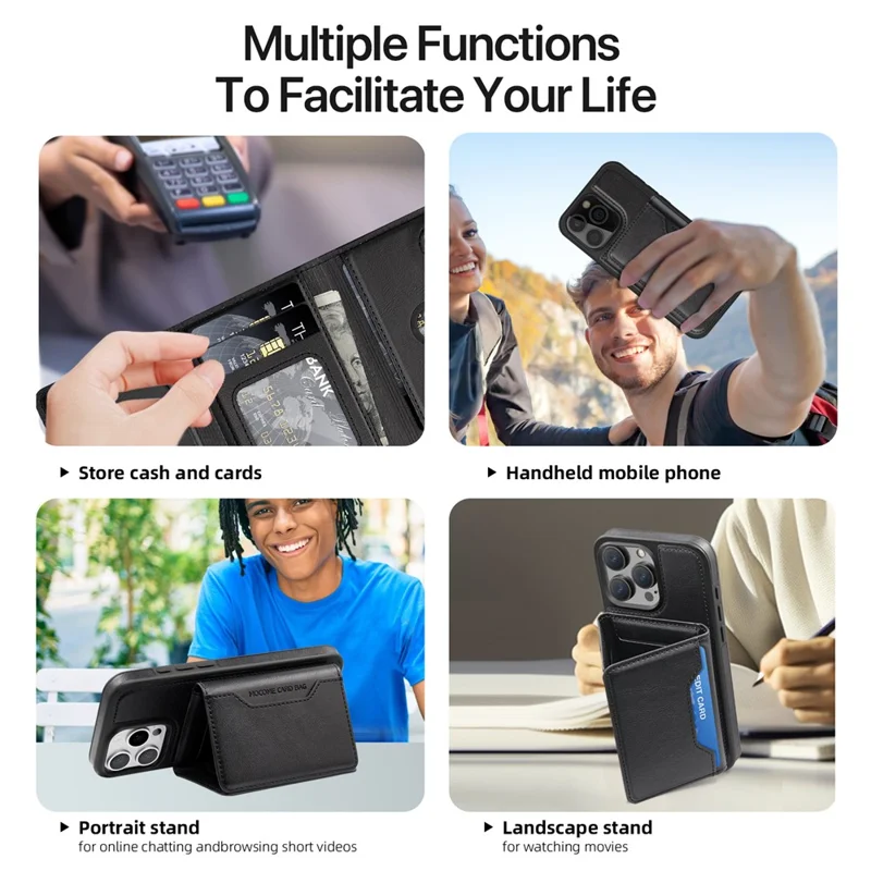 For iPhone 16 Pro Magnetic Case Leather Back Phone Cover with Detachable Card Bag - Black