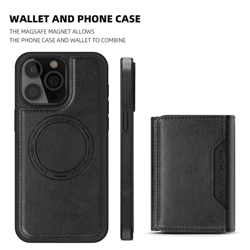 For iPhone 16 Pro Magnetic Case Leather Back Phone Cover with Detachable Card Bag - Black