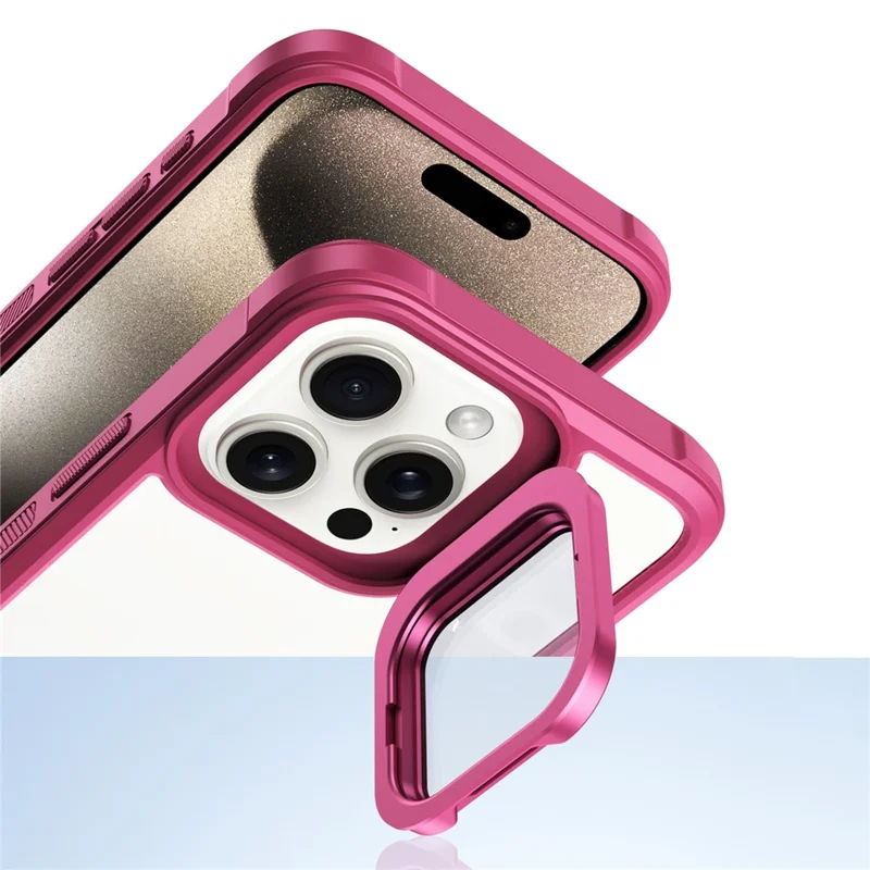 For iPhone 15 Pro Clear Phone Case with Lens Cover Kickstand PC+TPU Back Cover - Black
