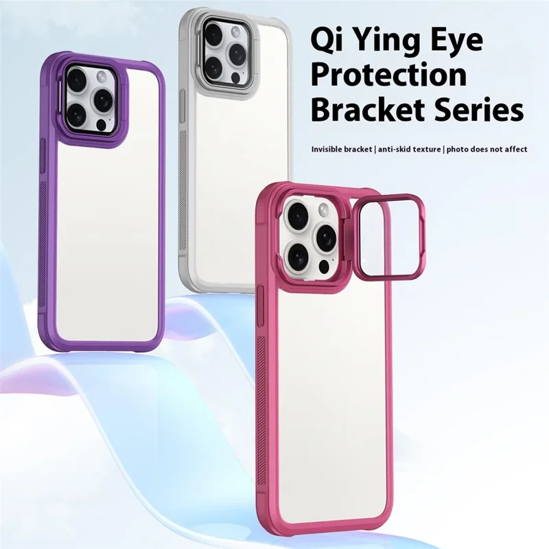 For iPhone 15 Pro Clear Phone Case with Lens Cover Kickstand PC+TPU Back Cover - Black
