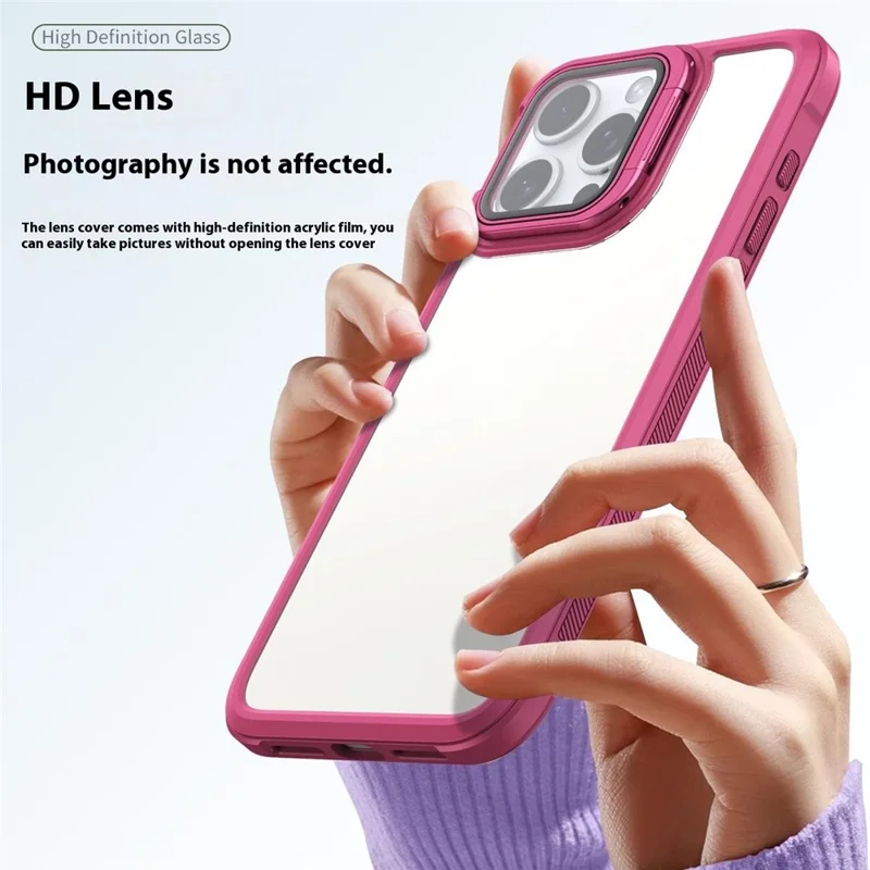 For iPhone 15 Pro Clear Phone Case with Lens Cover Kickstand PC+TPU Back Cover - Black