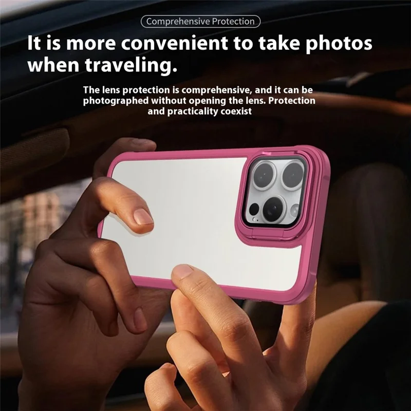 For iPhone 15 Pro Clear Phone Case with Lens Cover Kickstand PC+TPU Back Cover - Black