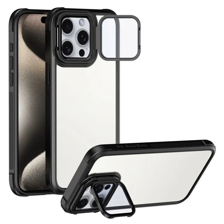 Für iPhone 15 Pro Max Klare Handyhülle mit Linsenschutz Ständer PC+TPU Rückseite - Schwarz