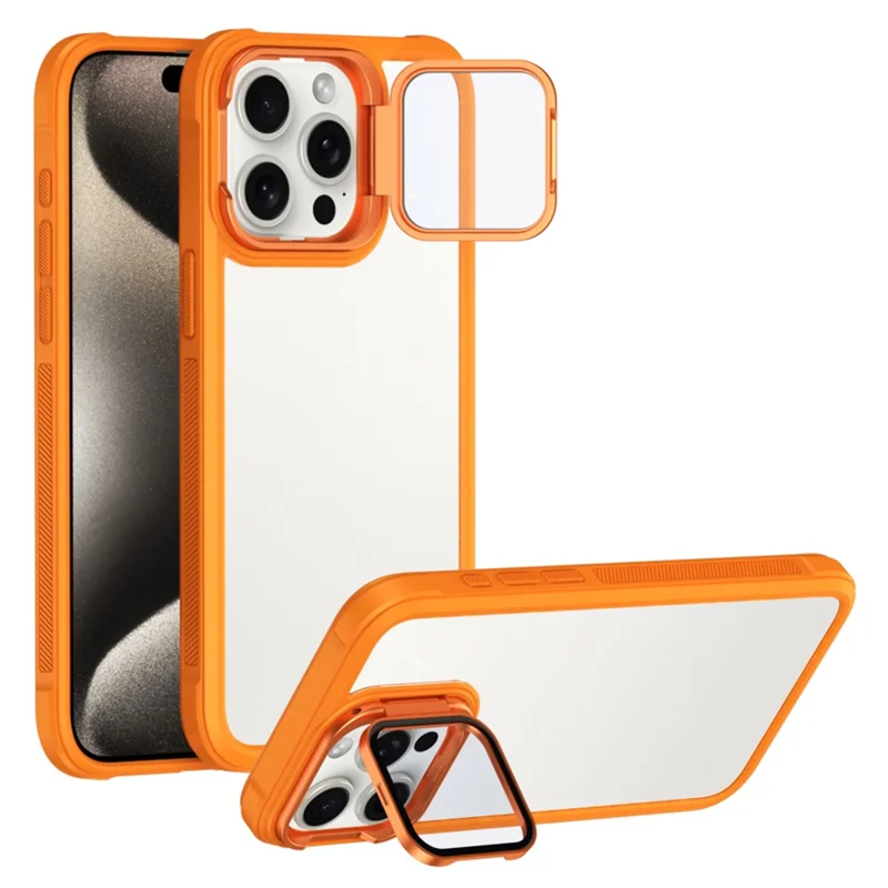 For iPhone 15 Pro Max Clear Phone Case with Lens Cover Kickstand PC+TPU Back Cover - Orange